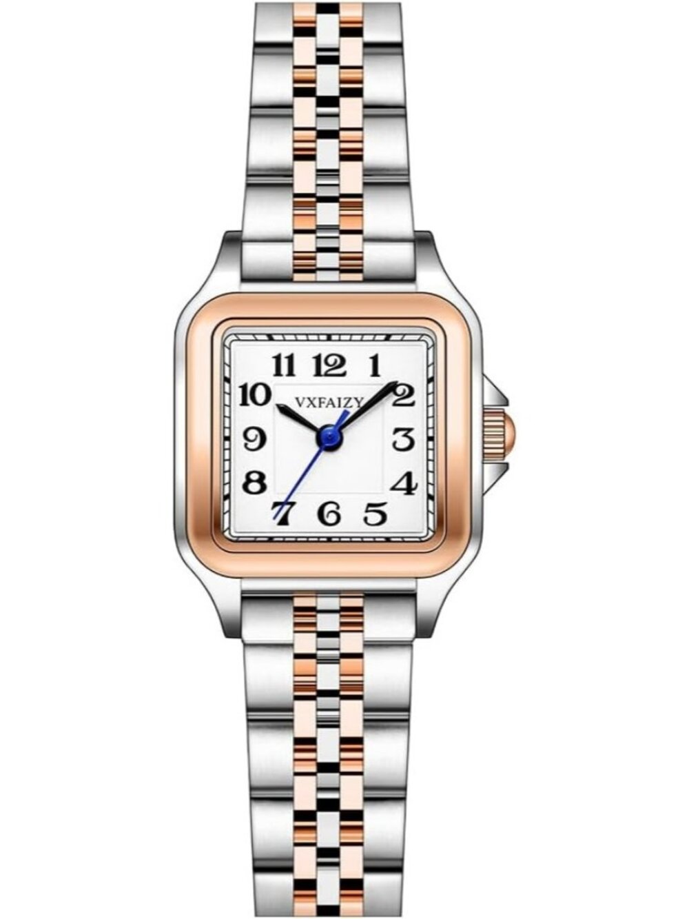 Women's Silver-Rose Gold Black Solid Stainless Steel Band Dainty Square Watch